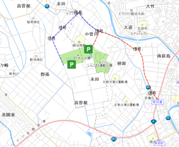 赤ルートで第一駐車場へ 赤+青ル-トで第二駐車場へ